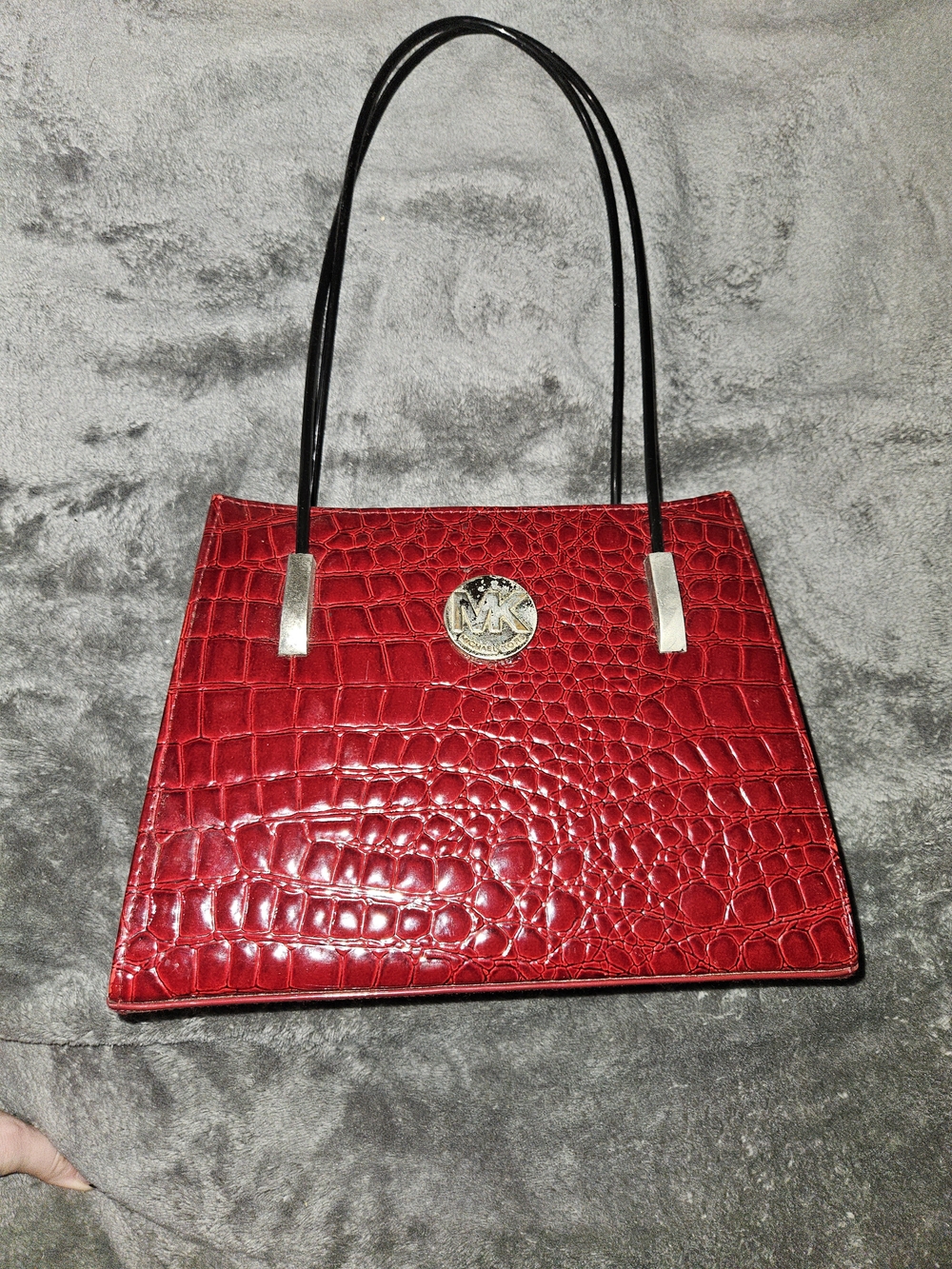 Michael Kors Red Croc-Embossed Shoulder Tote with Black Handles